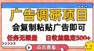 广告调研项目，会复制粘贴广告即可，任务无限量，日收益稳定5张【揭秘】-阳知网创资源库