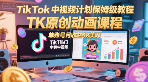 TikTok中视频计划保姆级教程,TK原创动画课程,单账号月收益4k美刀-阳知网创资源库