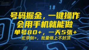 号码掘金,一键操作,会用手机就能做,单号80+,一天5张+,批量做上不封顶【揭秘】-阳知网创资源库