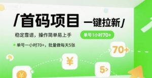 首码一键拉新项目,稳定靠谱,操作简单易上手,单号一小时70+,批量做每天5张【揭秘】-阳知网创资源库