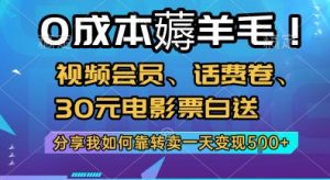 0成本薅羊毛!视频会员、话费卷、30元电影票白送，分享我如何靠转卖一天变现5张+【揭秘】-阳知网创资源库