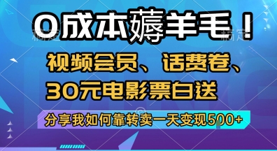 0成本薅羊毛!视频会员、话费卷、30元电影票白送,分享我如何靠转卖一天变现5张+【揭秘】-阳知网创资源库