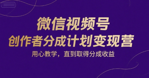 微信视频号创作者分成计划变现营,用心教学,直到取得分成收益-阳知网创资源库