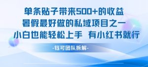 单条贴子带来5张的收益,暑假最好做的私域项目之一,小白也能轻松上手,有小红书就行-阳知网创资源库