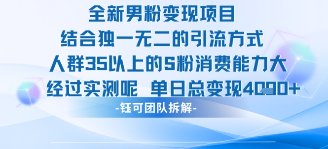 全新男粉变现项目引流人群35以上的男粉消费能力大 经过实测单日变现1k+-阳知网创资源库