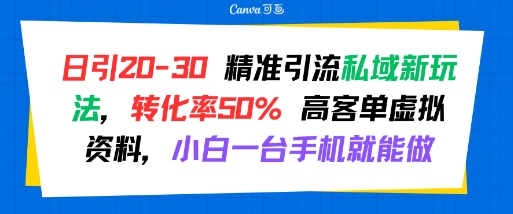 日引 20-30 精准引流私域新玩法，转化率50% 高客单虚拟资料，小白一台手机就能做-阳知网创资源库