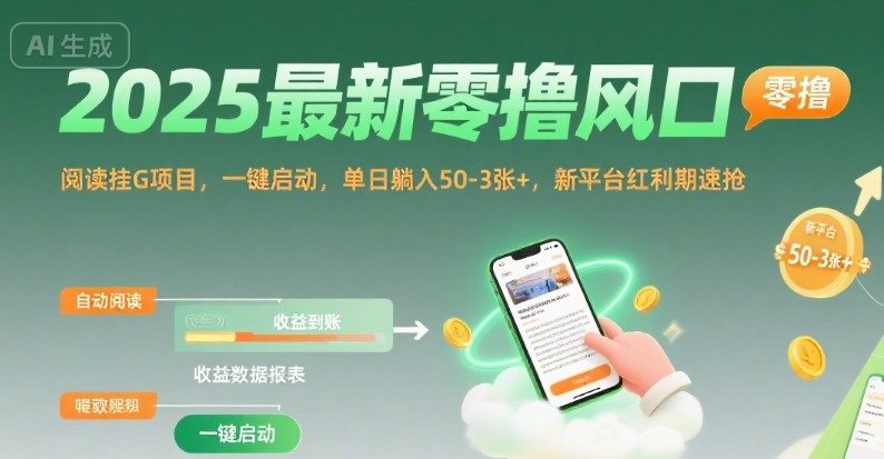 2025最新零撸风口,阅读挂G项目,一键启动,单日躺入 50-3张+,新平台红利期速抢【揭秘】-阳知网创资源库