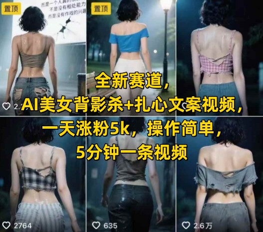 全新赛道，AI美女背影杀+扎心文案视频，一天涨粉5k，操作简单，5分钟一条视频-阳知网创资源库