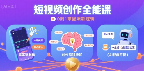 短视频创作课,短视频制作、创作思路、Ai写爆款文案-阳知网创资源库