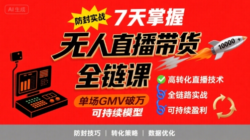 无人直播带货全链防封实战课,7天掌握高转化直播技术,实现单场GMV破万可持续模型-阳知网创资源库