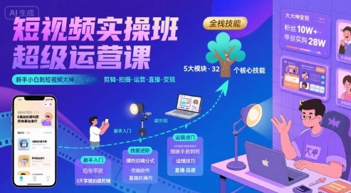 短视频实操班超级运营课,新手小白到短视频大神必修课程,剪辑-拍摄-运营-直播-变现-阳知网创资源库