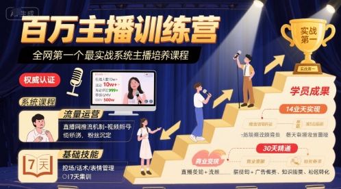 百万主播训练营,全网第一个最实战系统主播培养课程-阳知网创资源库