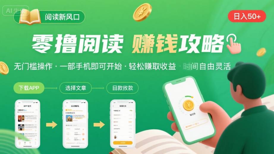 零撸阅读新风口,无门槛轻松挣,一部手机,日入 50-3张【揭秘】-阳知网创资源库