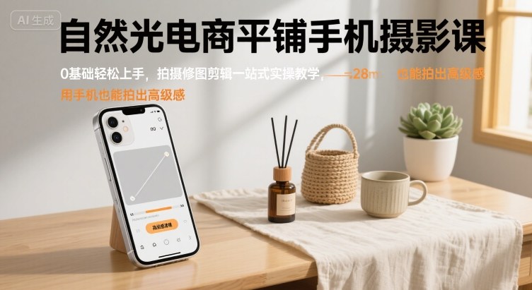 自然光电商平铺手机摄影课,0基础轻松上手,拍摄修图剪辑一站式实操教学,用手机也能拍出高级感-阳知网创资源库