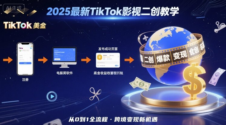 2025年最新TikTok影视二创教学,从注册到发布撸美金全流程,跨境变现新机遇-阳知网创资源库