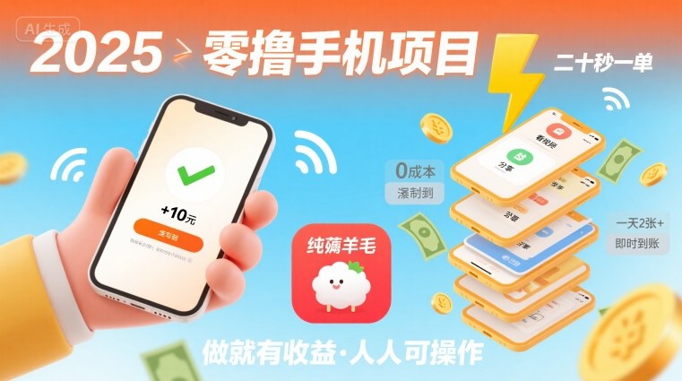 2025年零撸手机项目,二十秒一单,纯薅羊毛 一天2张+做就有【揭秘】-阳知网创资源库