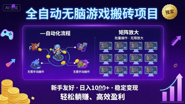 全自动无脑游戏搬砖项目,独家玩法,可批量矩阵无限放大,新手也能轻松日入1k+【揭秘】-阳知网创资源库