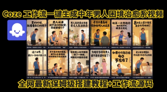 coze工作流一键生成”中年男人困境扎心高涨粉高播放量图文视频”保姆级拆解教程,无需剪辑,无需拍摄写文案-阳知网创资源库
