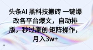 头条AI 黑科技搬砖 一键爆改各平台爆文，自动排版，秒过原创 矩阵操作，月入3w+【揭秘】-阳知网创资源库