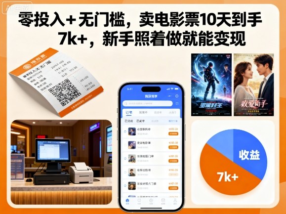 零投入+无门槛,卖电影票10天到手7k+,新手照着做就能变现【揭秘】-阳知网创资源库