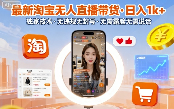 最新淘宝无人直播带货,日入1k+,独家技术,无违规无封号,无需露脸无需说话【揭秘】-阳知网创资源库