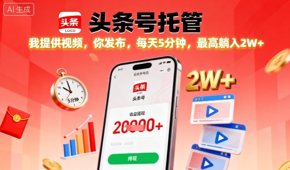 【头条号托管】我提供视频,你发布,每天5分钟,最高躺入2W+【揭秘】-阳知网创资源库