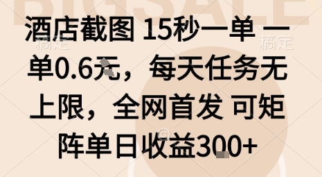 酒店截图15秒一单,一单0.6米,每天任务无上限,全网首发可矩阵单日收益3张【揭秘】-阳知网创资源库