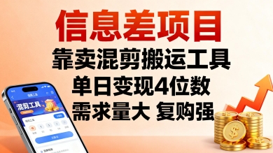信息差项目,靠卖混剪搬运工具,单日变现4位数,需求量大,复购强,操作简单,几分钟一条视频-阳知网创资源库