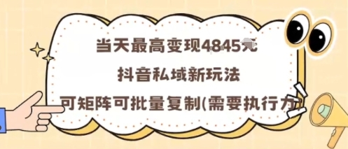 当天最高变现1k+,抖音私域新玩法,可矩阵可批量复制-阳知网创资源库
