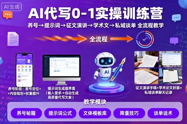 AI代写0-1实操训练营,从养号、提示词、征文演讲、学术文,到私域谈单的全流程教学-阳知网创资源库