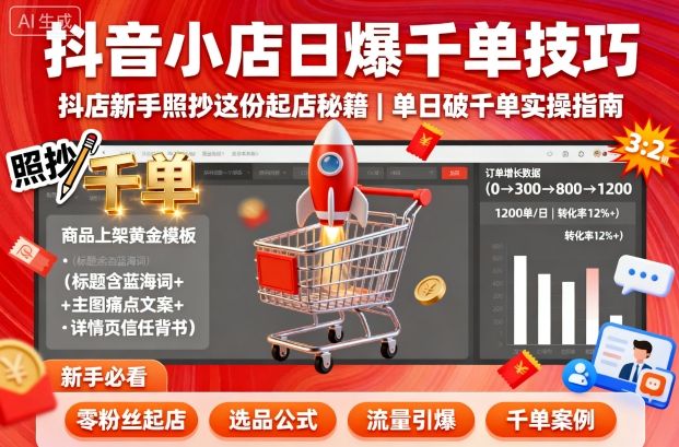抖音小店日爆千单技巧,抖店新手照抄这份起店秘籍,单日破千单-阳知网创资源库