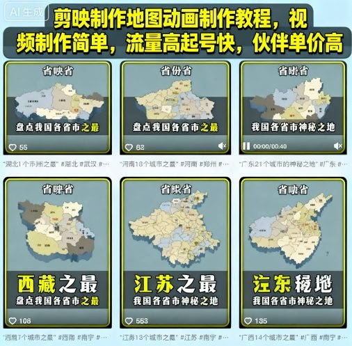 剪映制作地图动画制作教程，视频制作简单，流量高起号快，伙伴单价高-阳知网创资源库