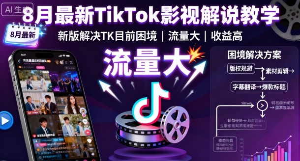 8月最新TikTok影视解说教学,新版解决TK目前困境,流量大,收益高-阳知网创资源库