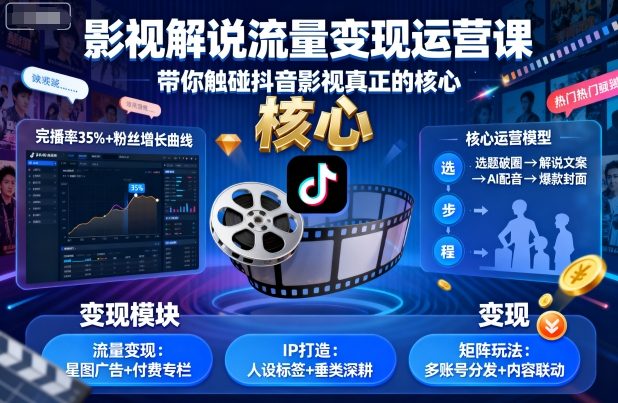 影视解说流量变现运营课,带你触碰抖音影视真正的核心-阳知网创资源库