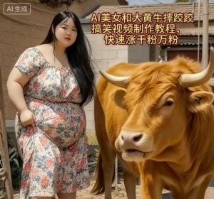 AI美女和大黄牛摔跤搞笑荒诞视频制作教程，快速涨千粉万粉-阳知网创资源库