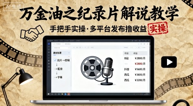 万金油之纪录片解说教学,手把手教你,完全实操,多平台发布撸收益-阳知网创资源库