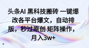 头条AI黑科技搬砖项目一键爆改各平台爆文,自动排版,秒过原创矩阵操作,月入3w+【揭秘】-阳知网创资源库