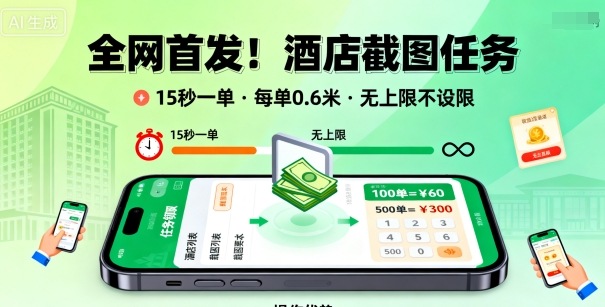 全网首发!酒店截图任务,15秒一单,每单0.6米,任务无上限不设限,矩阵操作单日3张到手【揭秘】-阳知网创资源库