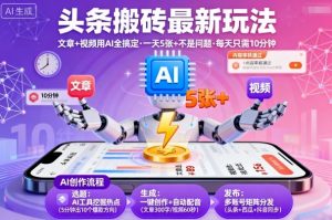 头条搬砖最新玩法,文章+视频用AI全搞定,一天5张+不是问题,每天只需10分钟-阳知网创资源库