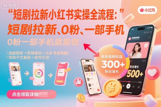 短剧拉新小红书实操全流程,0粉一部手机就可以做,详细教程-阳知网创资源库