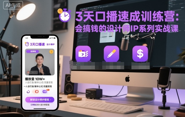 3天口播速成训练营,会搞钱的设计师IP系列实战课-阳知网创资源库
