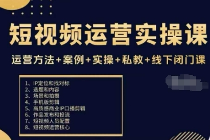 短视频运营实操课,运营方法+案例+实操+私教+线下闭门课-阳知网创资源库