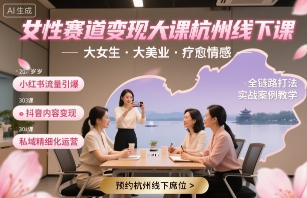 女性赛道变现大课杭州线下,大女生,大美业,疗愈情感,一套小红书、抖音、私域全链路打法-阳知网创资源库
