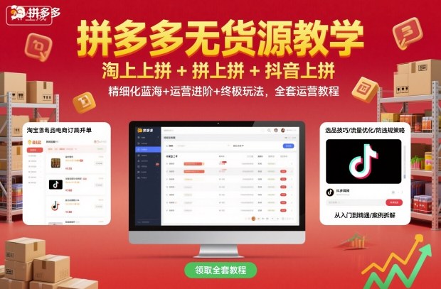 拼多多无货源教学,淘上拼+拼上拼+抖上拼,精细化蓝海+运营进阶+终极玩法,全套运营教程-阳知网创资源库