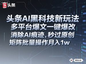 头条AI黑科技新玩法，多平台爆文一键爆改，消除AI痕迹，秒过原创，矩阵批量操作月入1w+【揭秘】-阳知网创资源库