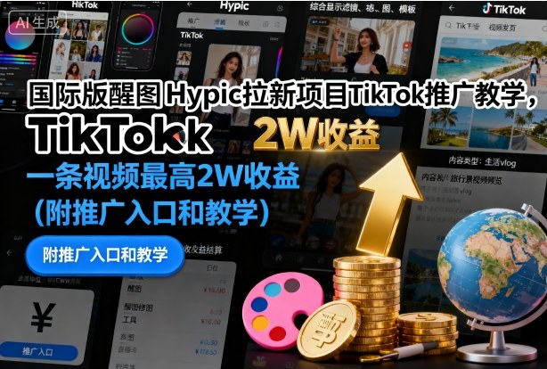 国际版醒图Hypic拉新项目TikTok推广教学,一条视频最高2W收益(附推广入口和教学)-阳知网创资源库