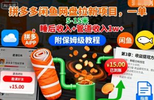 拼多多闲鱼网盘拉新项目,一单5-15米,睡后收入+管道收入1w+(附保姆级教程)-阳知网创资源库