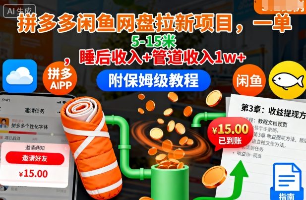 拼多多闲鱼网盘拉新项目,一单5-15米,睡后收入+管道收入1w+(附保姆级教程)-阳知网创资源库