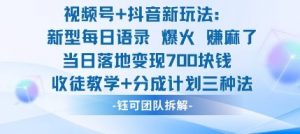 视频号加抖音新玩法：爆火新型每日语录，收徒教学加分成计划，三种变现玩法，当日变现7张-阳知网创资源库