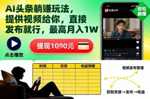AI头条躺賺玩法,提供视频给你,直接发布就行,最高月入1W+【揭秘】-阳知网创资源库